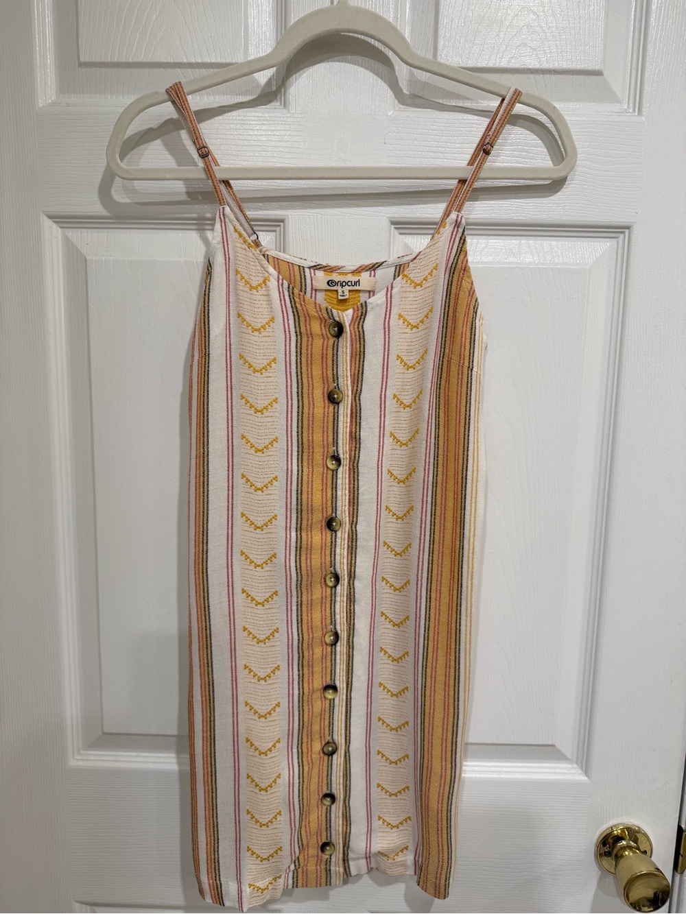 Rip Curl Striped Button-Front Mini Dress in Cream, Mustard and Pink